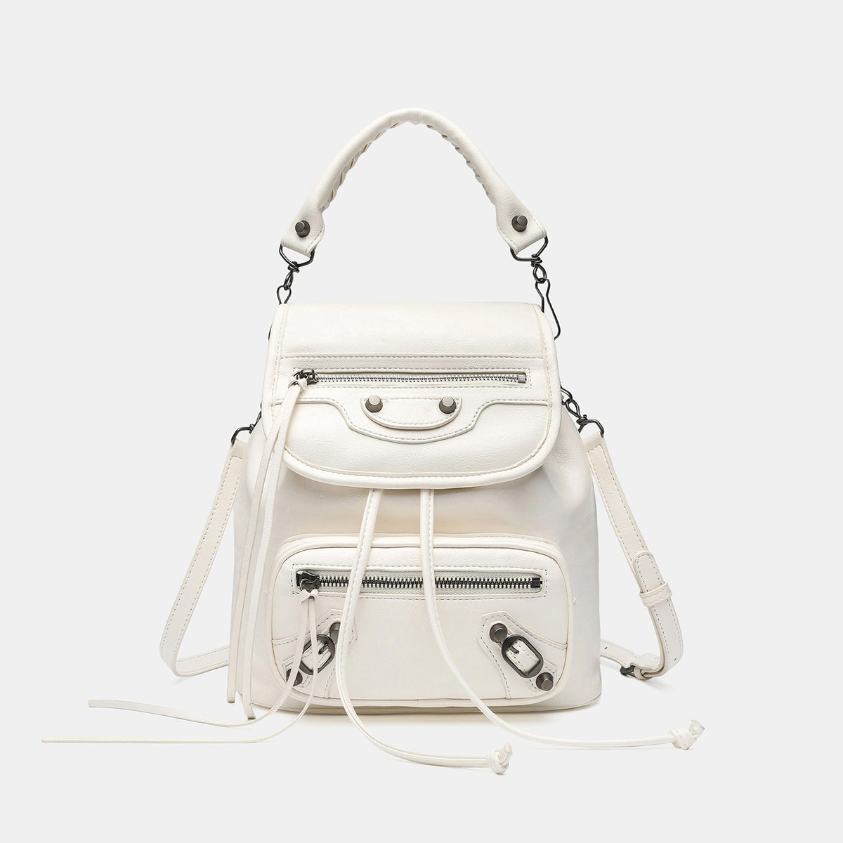 Small structured glossy leather-look convertible backpack handbag in black with flap closure, front zip pockets, metal stud