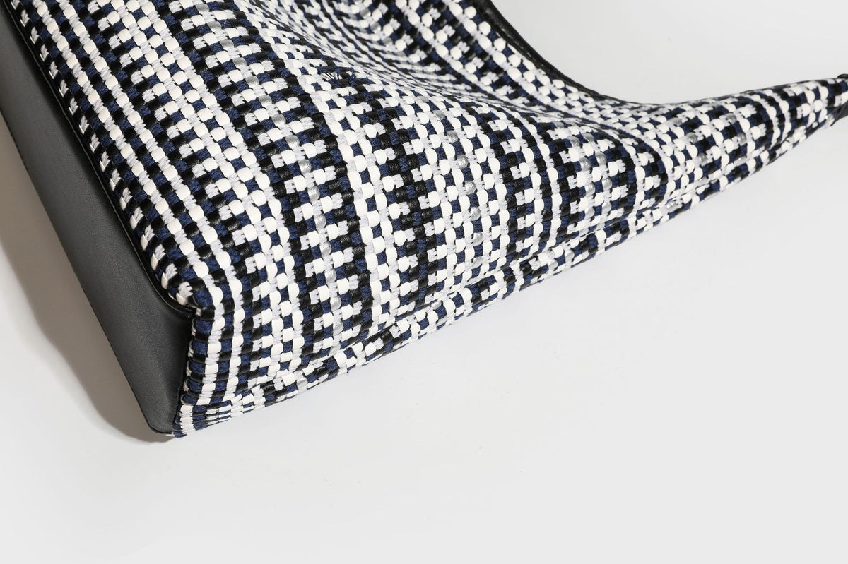 Slouchy woven stripe hobo shoulder bag with black-and-white pattern and leather-look strap, detail view 31