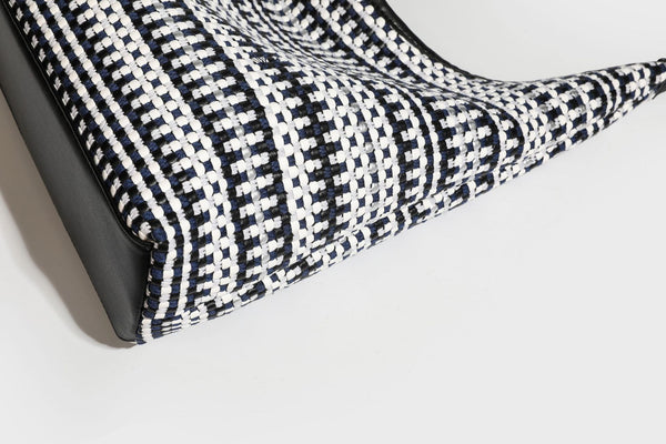 Slouchy woven stripe hobo shoulder bag with black-and-white pattern and leather-look strap, detail view 31