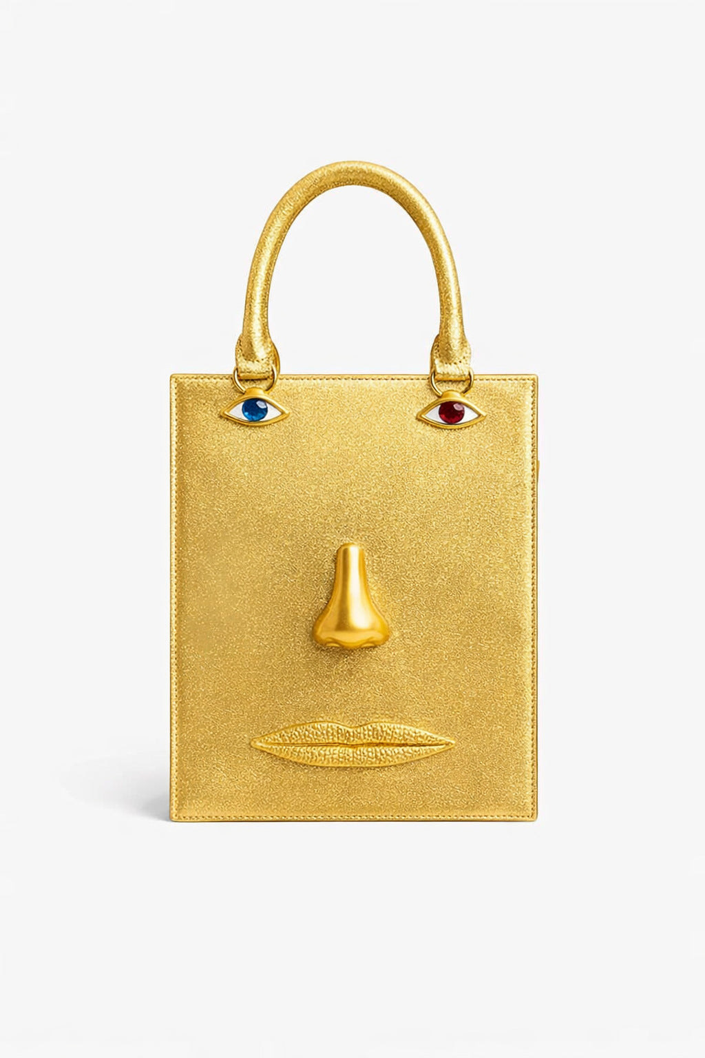 Structured rectangular top-handle bag in tan leather-look finish with gold-tone sculptural face hardware including