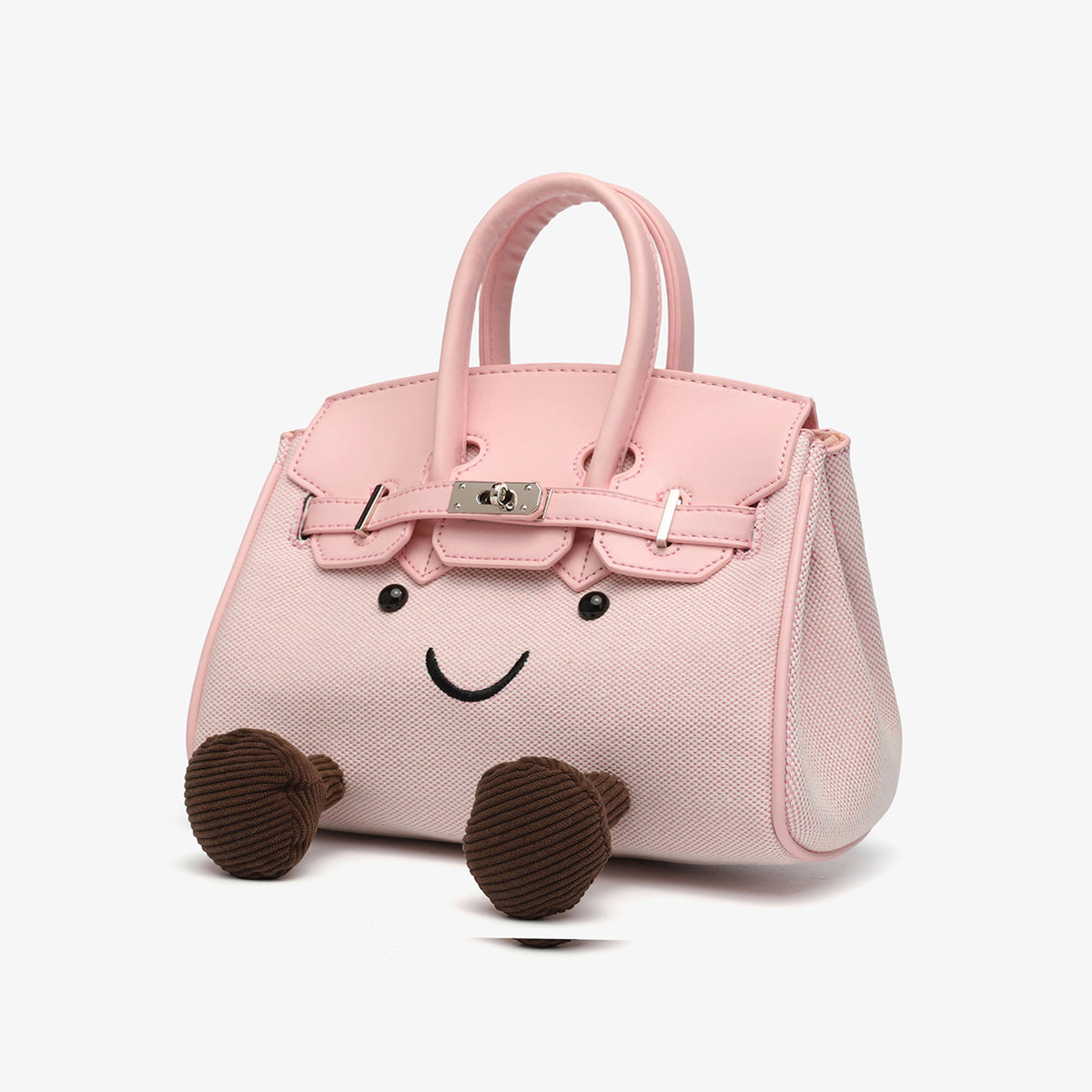 Small structured trapezoid satchel bag with smiling face motif, pom-pom accents, brown leather-look trim, silver-tone, detail