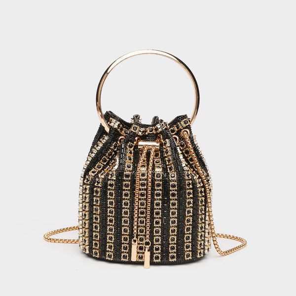 Mini crystal rhinestone bucket bag with circular ring top handle, drawstring closure, and silver chain shoulder strap, detail