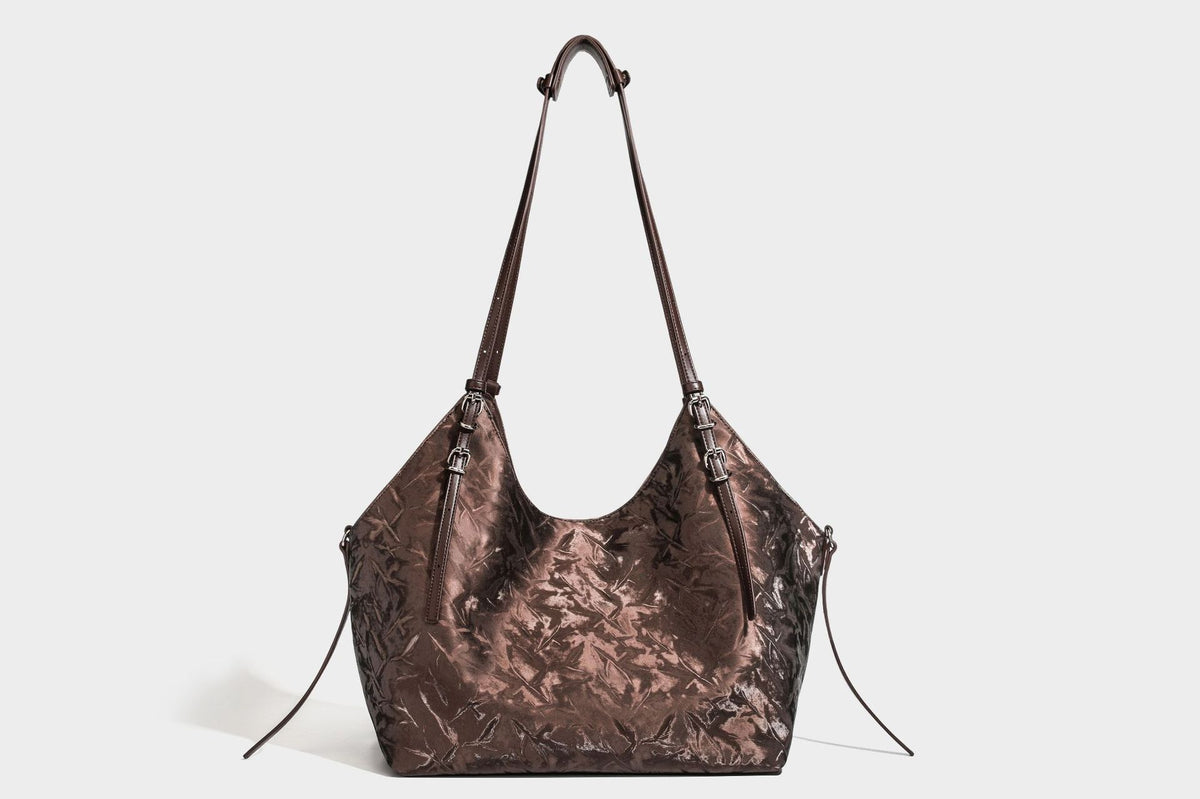 Slouchy crinkle-finish shoulder tote bag with silver hardware and attached zip pouch, detail view 36
