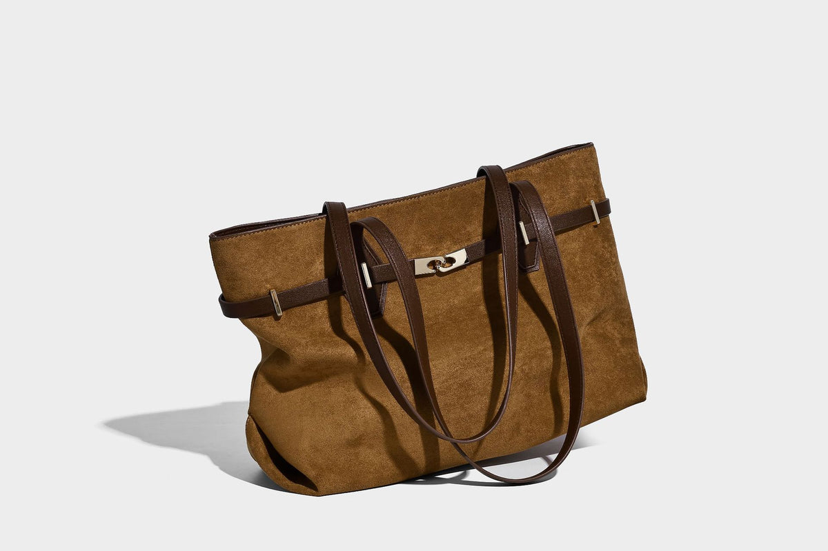Structured suede-look shopper tote with wraparound belt strap and gold turn-lock clasp, long dark brown shoulder handles