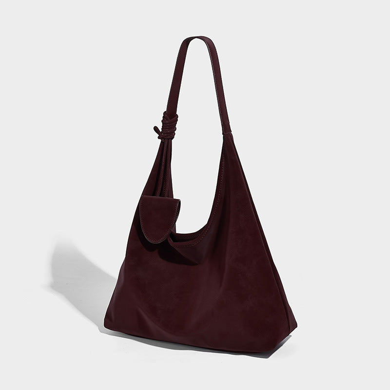 Slouchy oversized matte suede-look shoulder tote bag with knotted strap and attached front flap pouch, detail view 8