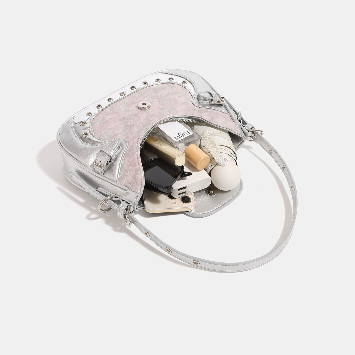 Croc-embossed leather-look shoulder bag with metallic stud trim and four-point star turn-lock hardware, detail view 4