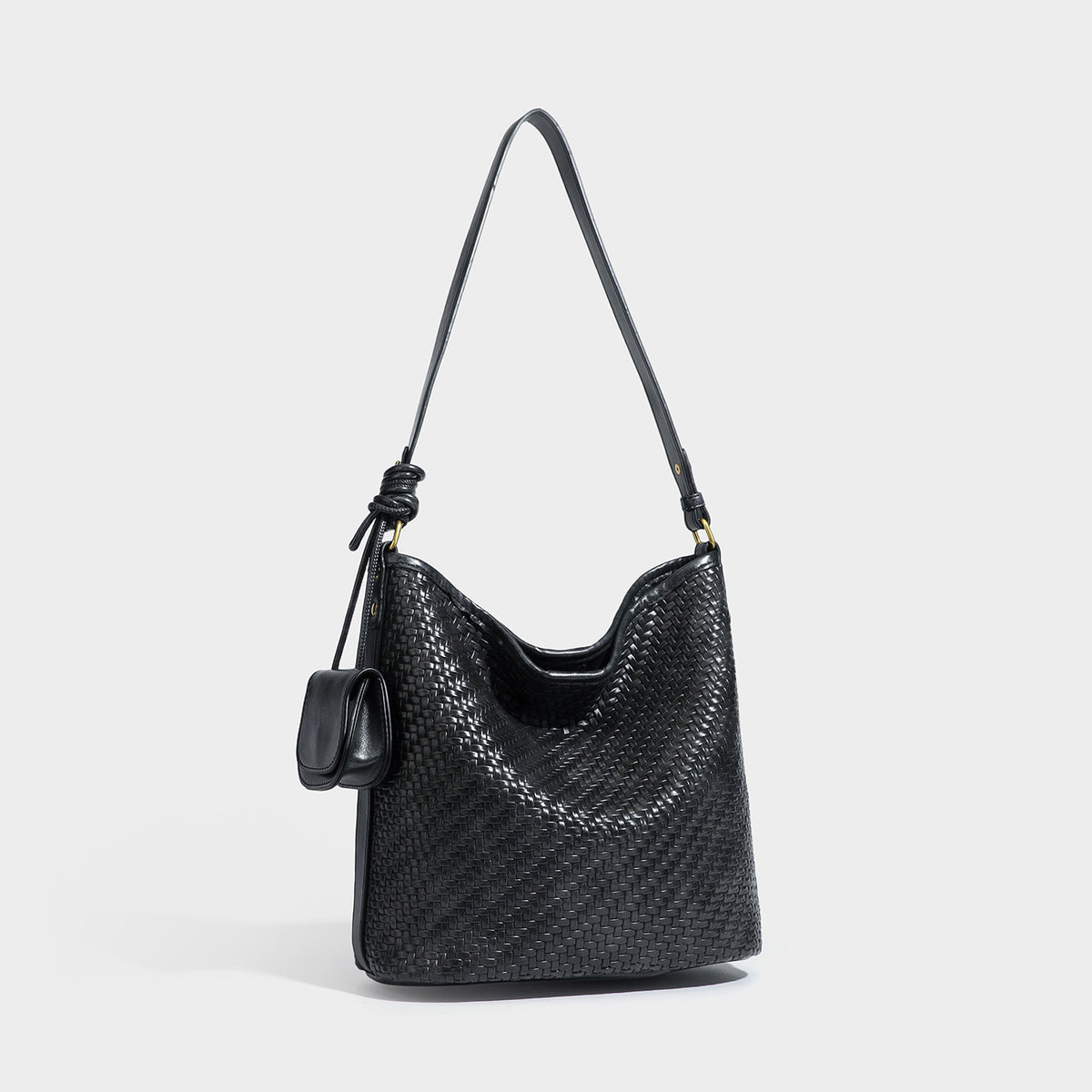 Woven-look slouchy hobo shoulder bag in brown with attached mini pouch and gold-tone hardware, detail view 6