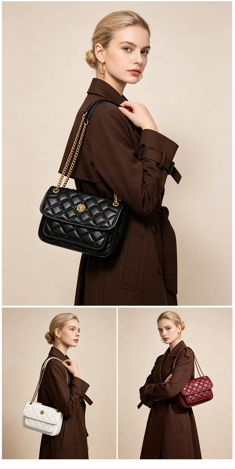Compact diamond-quilted flap shoulder bag with gold-tone chain strap and floral turn-lock clasp, detail view 10