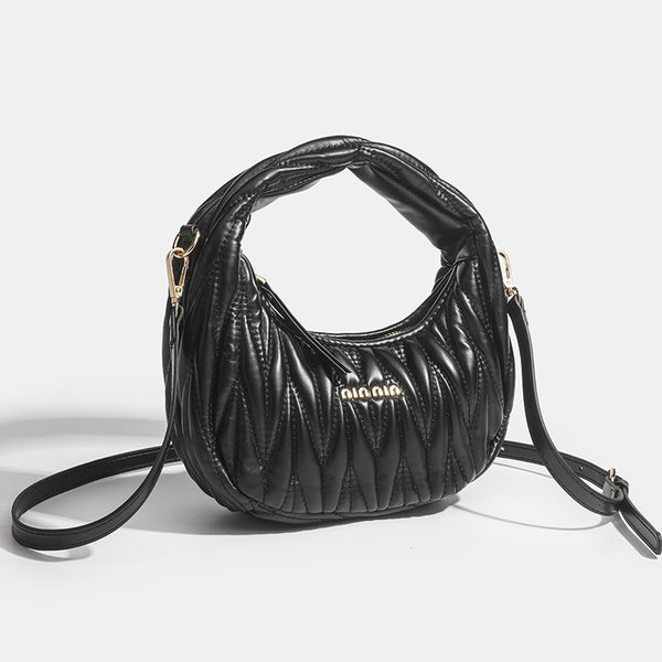 Kleine plissierte Halbmond-Hobo-Tasche mit gerafftem Tragegriff, Reißverschluss und Beschlägen in Goldoptik, Detailansicht 3