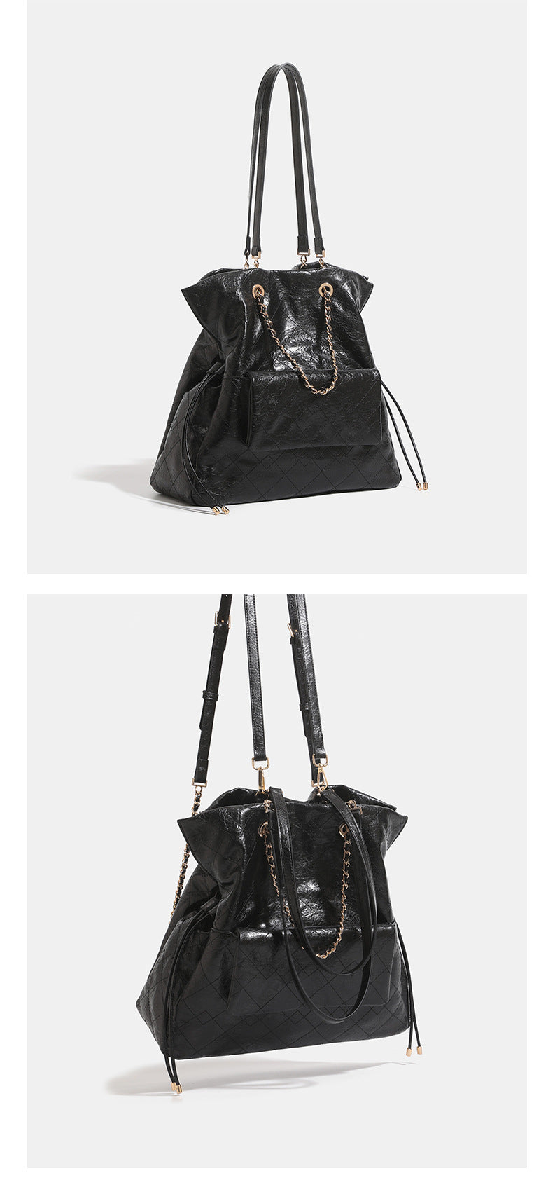 Quilted crinkled leather-look convertible tote backpack with gold-tone chain handles and drawstring closure, detail view 10