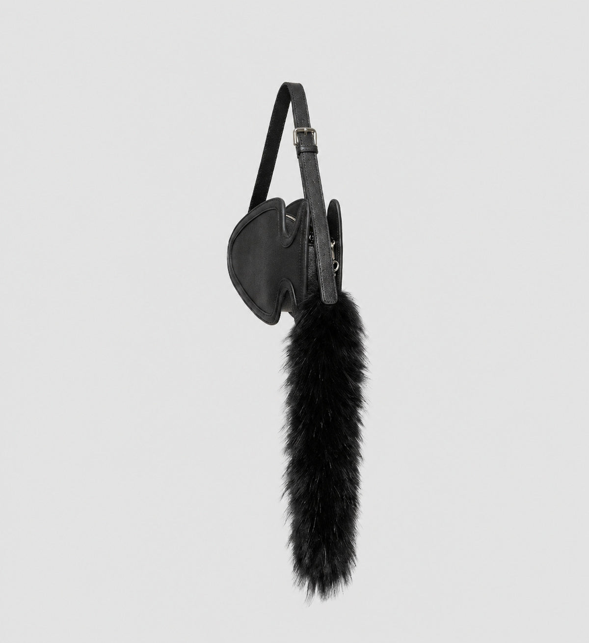 Fish-shaped pebbled leather-look crossbody bag with black faux-fur tail accent and adjustable shoulder strap, detail view 14