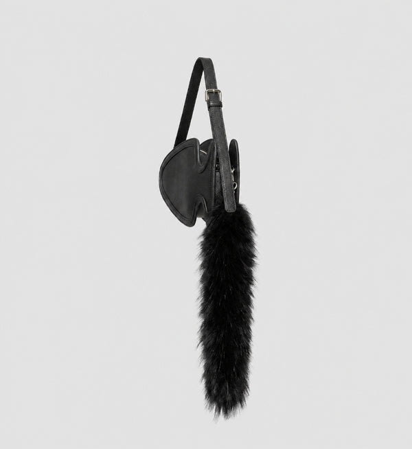 Fish-shaped pebbled leather-look crossbody bag with black faux-fur tail accent and adjustable shoulder strap, detail view 14