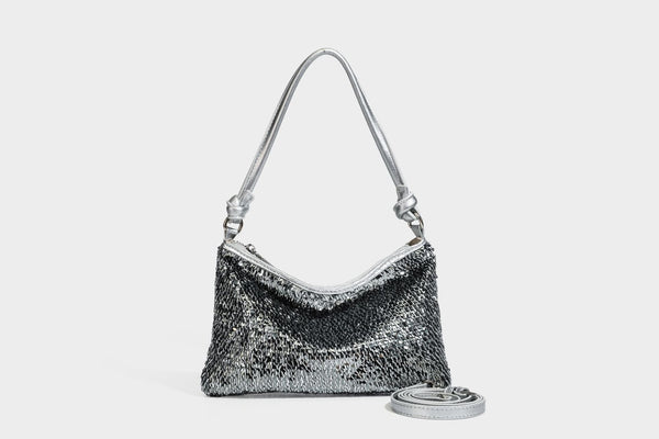 Small sequin hobo shoulder bag with knotted strap and zip closure, detail view 41