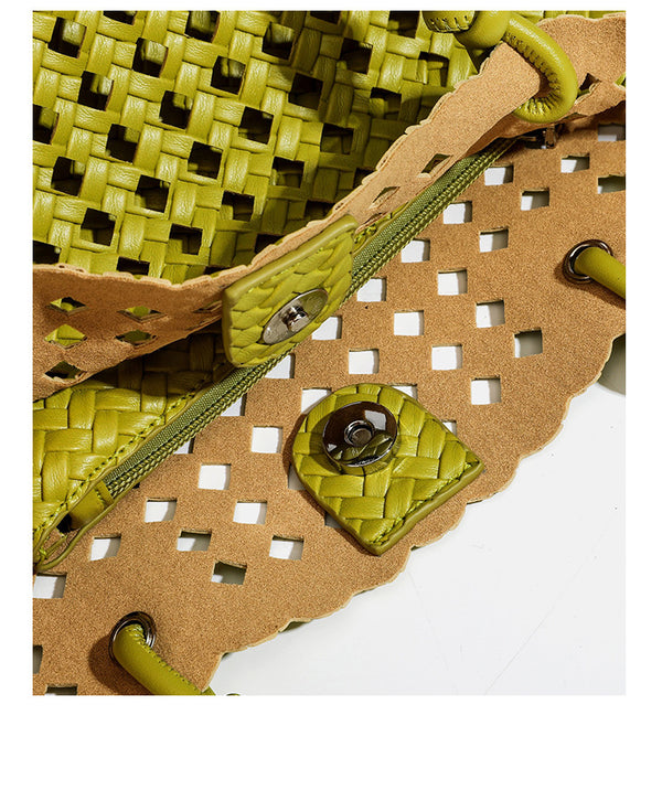 Open-weave lattice bucket tote bag with long knotted cord handles and tapered silhouette, detail view 24