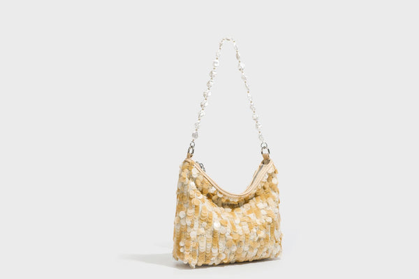 Small crescent sequin shoulder bag with pearl beaded strap and zip closure, detail view 26