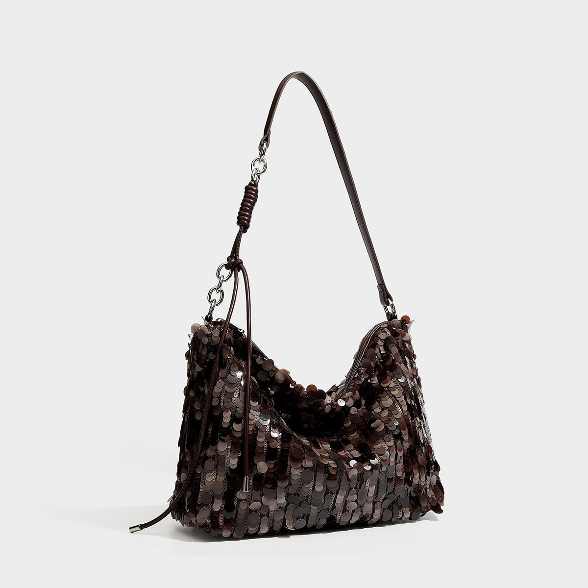 Slouchy paillette sequin hobo shoulder bag with zip closure and adjustable leather-look strap with silver chain hardware