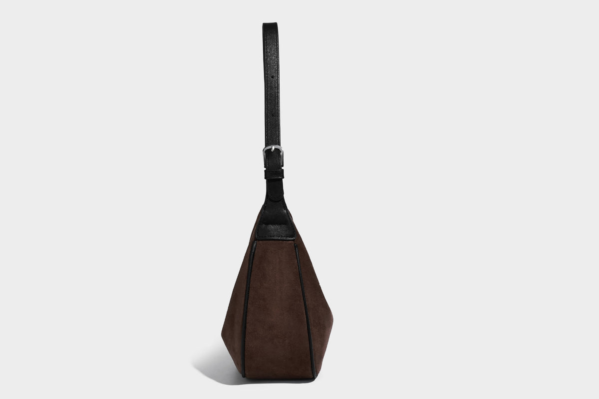 Crescent hobo shoulder bag in matte suede-look finish with black trim and adjustable strap, detail view 23