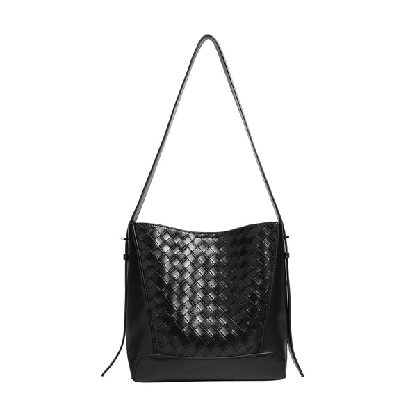 Large black bucket shoulder bag with diamond woven leather-look front panel, smooth side panels, magnetic snap closure, and