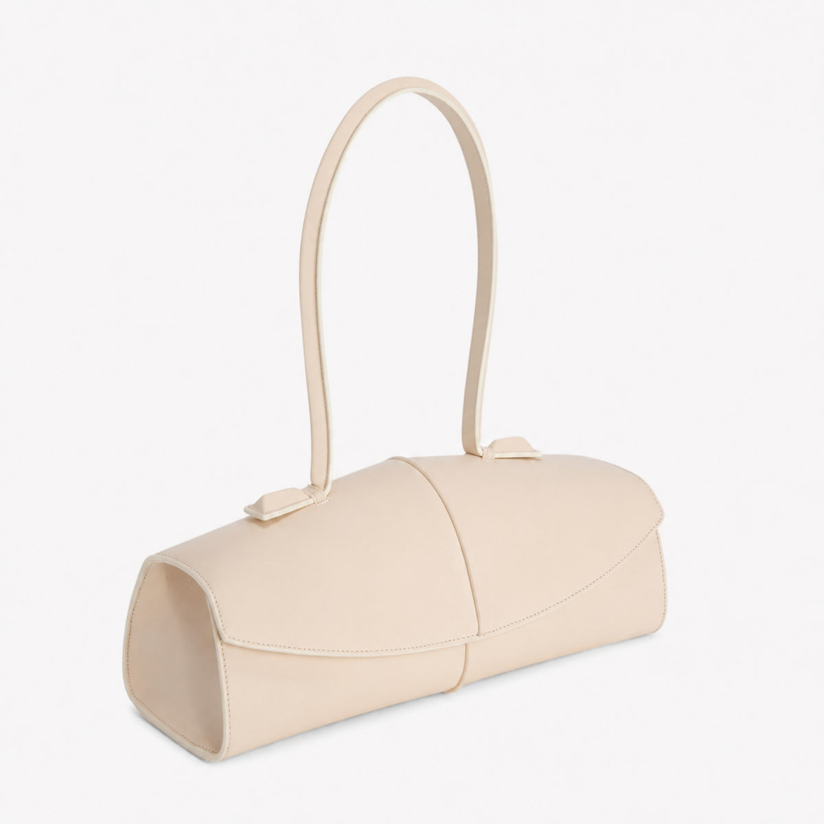 Elongated structured baguette shoulder bag with curved flap closure and slim looped strap, detail view 2