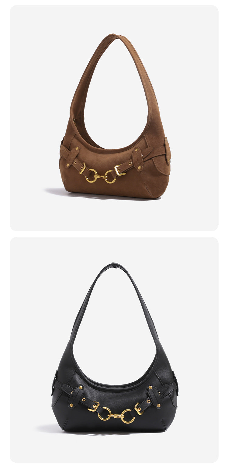 Slouchy hobo shoulder bag with gold-tone ring-and-buckle front hardware, zip top closure, and matte textured finish, detail