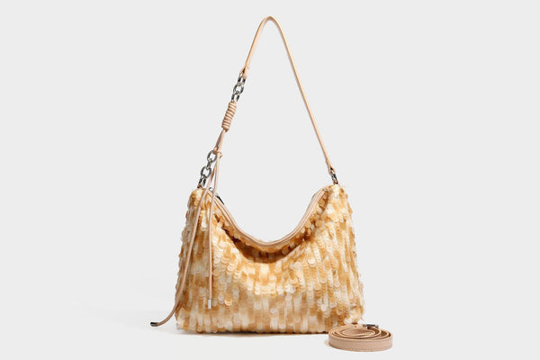 Slouchy paillette sequin hobo shoulder bag with zip closure and adjustable leather-look strap with silver chain hardware