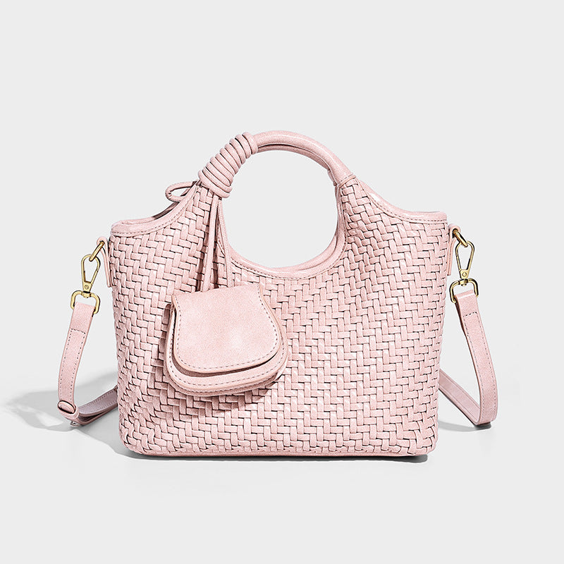 Woven texture tote bag with knotted top handles, attached front mini pouch, and gold-tone hardware, detail view 3