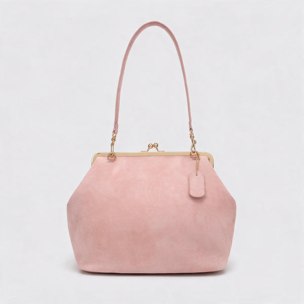 Large matte suede-look kiss-lock frame handbag with gold-tone hardware and detachable shoulder strap, detail view 4