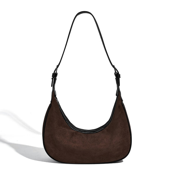 Crescent hobo shoulder bag in matte suede-look finish with black trim and adjustable strap, detail view 5
