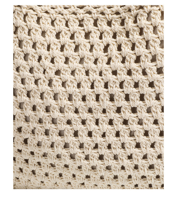 Woven crochet shoulder tote bag with scalloped floral top edge, tan leather-look straps, and antique gold rivets, detail view