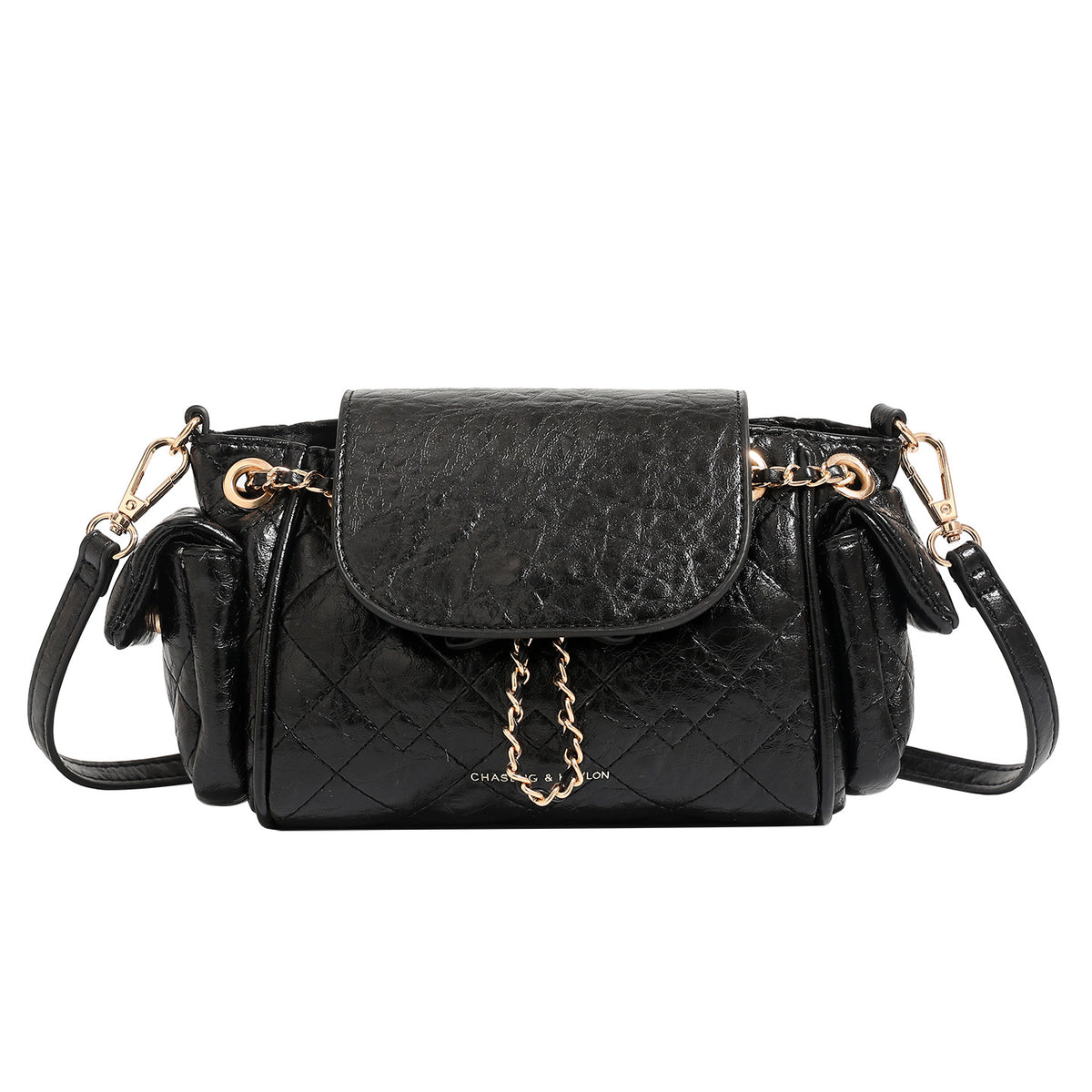 Compact quilted crinkle-finish flap bag with gold-tone chain strap and decorative chain closure detail, detail view 5