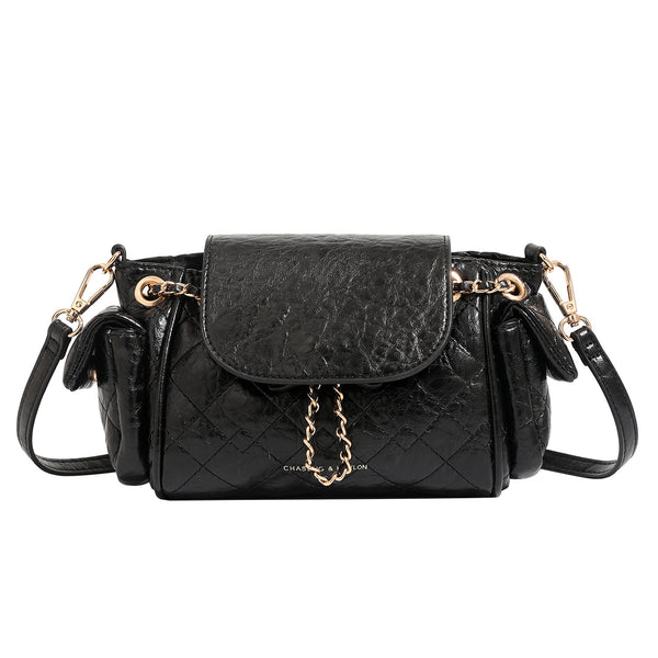 Compact quilted crinkle-finish flap bag with gold-tone chain strap and decorative chain closure detail, detail view 5