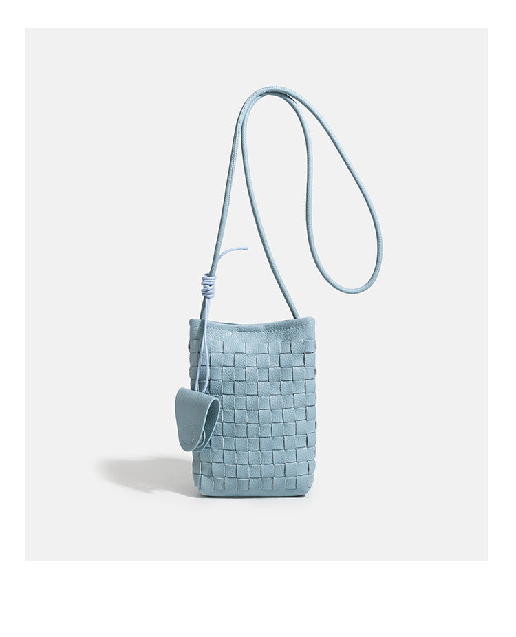 Mini woven square-pattern crossbody phone bag with long cord strap and front snap flap pocket in red textured leather-look