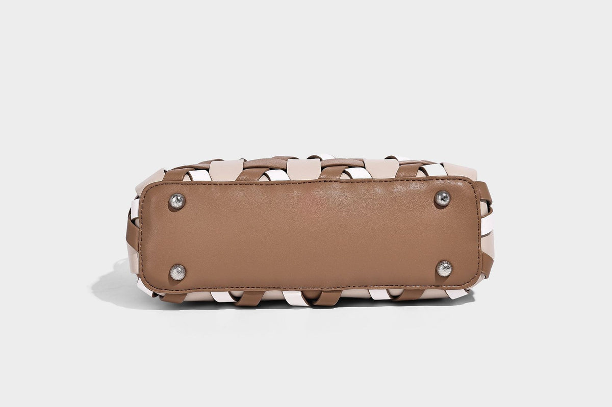 Small structured woven lattice tote bag with dual top handles and detachable shoulder strap in brown and cream leather-look