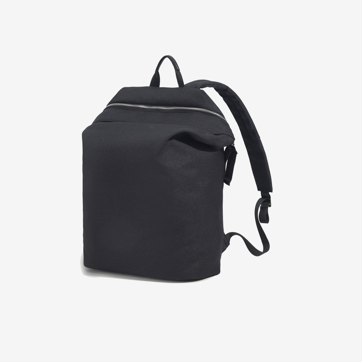Structured matte-fabric backpack handbag with silver-tone zip closure and top carry handle, detail view 7