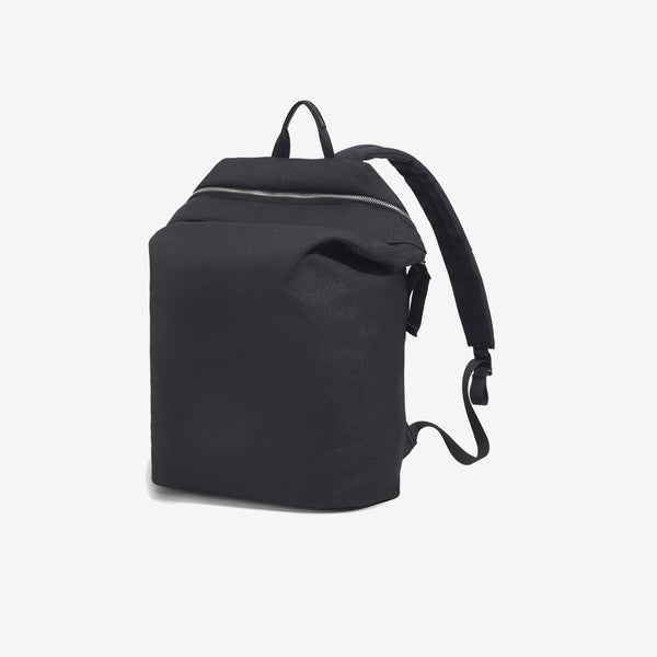 Structured matte-fabric backpack handbag with silver-tone zip closure and top carry handle, detail view 7