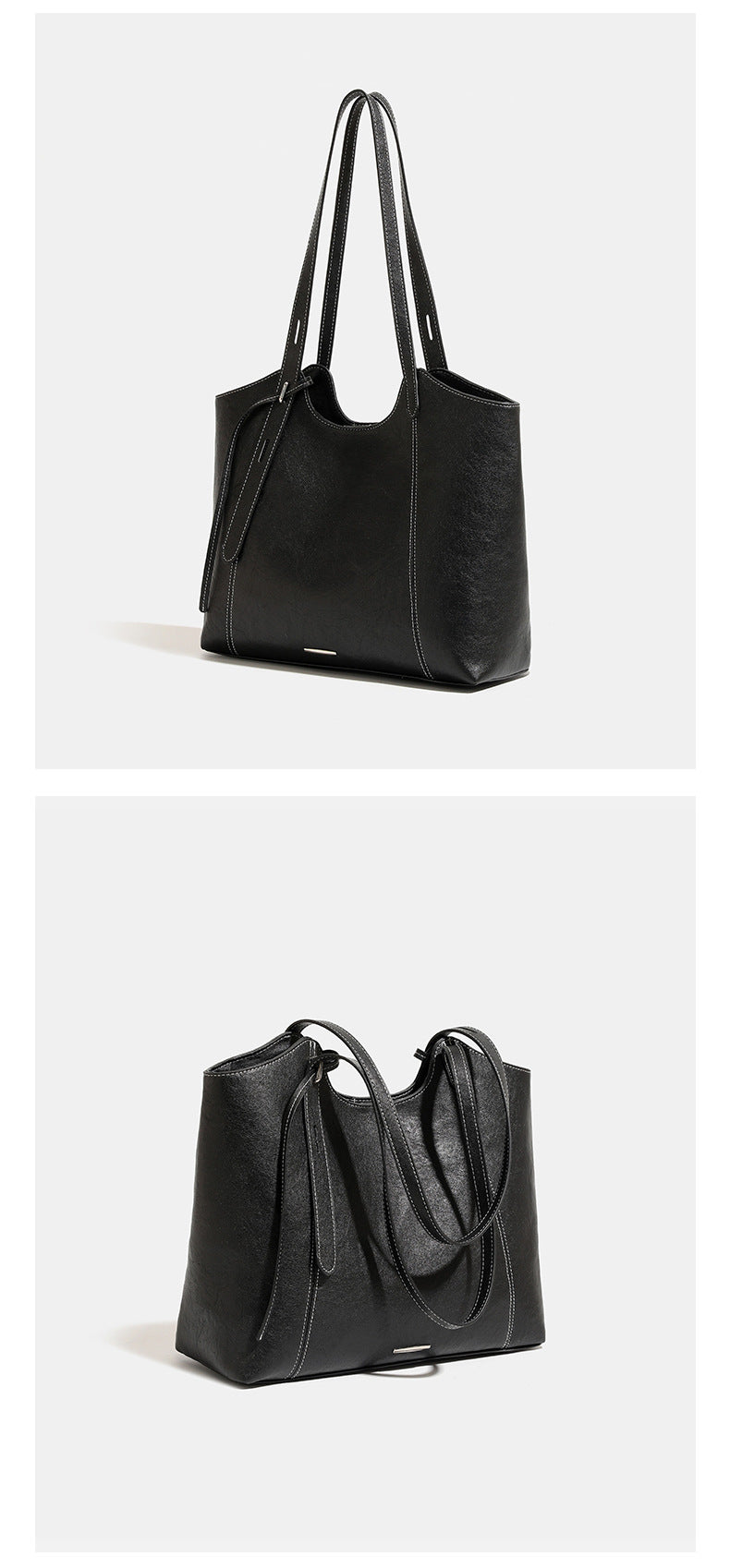 Structured open-top leather-look tote bag with long shoulder straps, contrast stitching, and side tie details, detail view 17