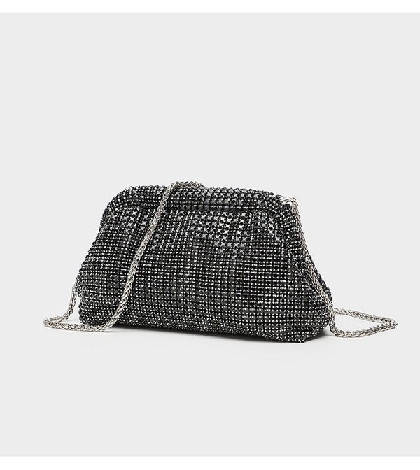 Small crystal rhinestone clutch crossbody bag with silver-tone chain strap and frame-clip closure, detail view 19