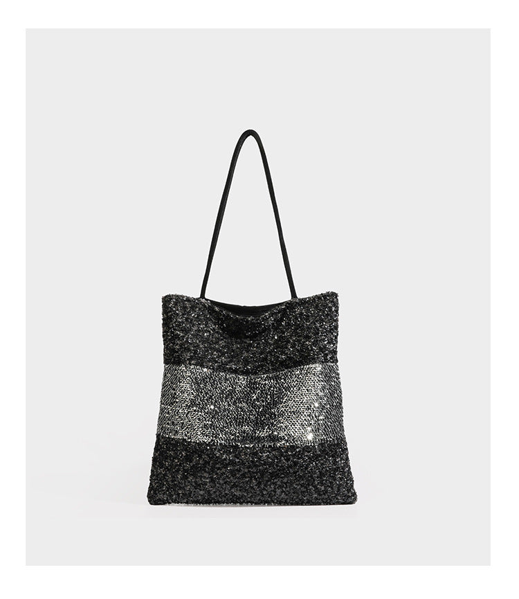 Sequin color-block shoulder tote bag with champagne and silver panels and cream leather-look straps, detail view 15