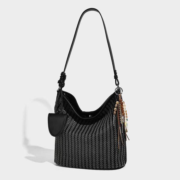 Slouchy open-weave hobo shoulder bag with leather-look trim, beaded tassel charm, and adjustable strap, detail view 8