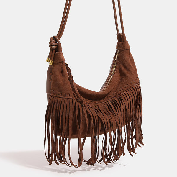 Slouchy fringe hobo shoulder bag in matte suede-like finish with tie-knot cord strap and gold-tone zip closure, detail view 3