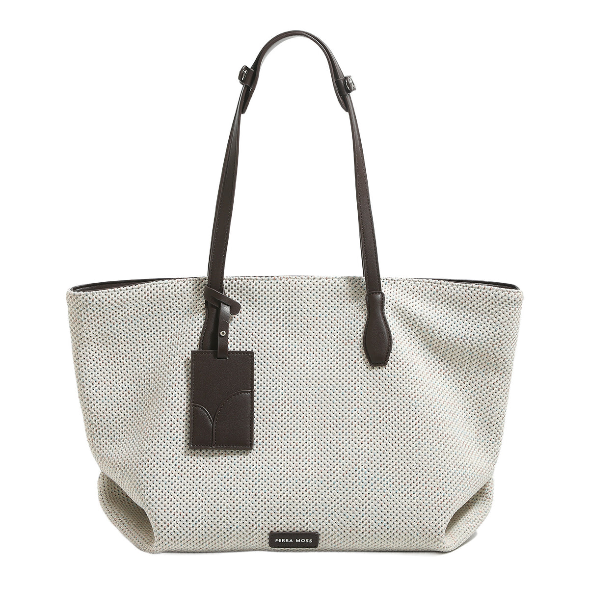 Large cream speckled woven tote bag with dark brown leather-look shoulder handles and hanging tag detail, detail view 5