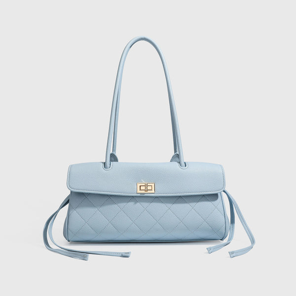 Structured black diamond-quilted shoulder bag with gold-tone turn-lock flap closure and dual round shoulder straps, front