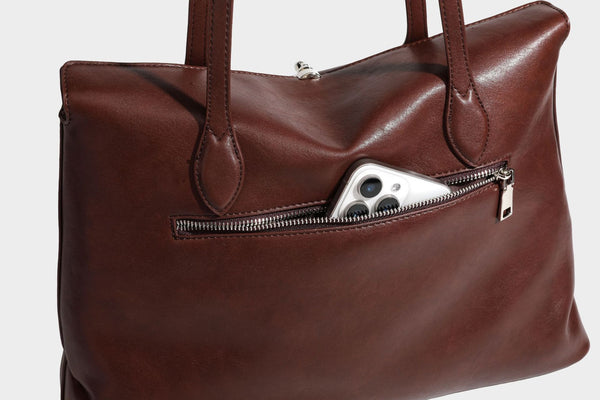 Large leather-look tote shoulder bag with slim double straps and silver-tone turn-lock closure, detail view 31