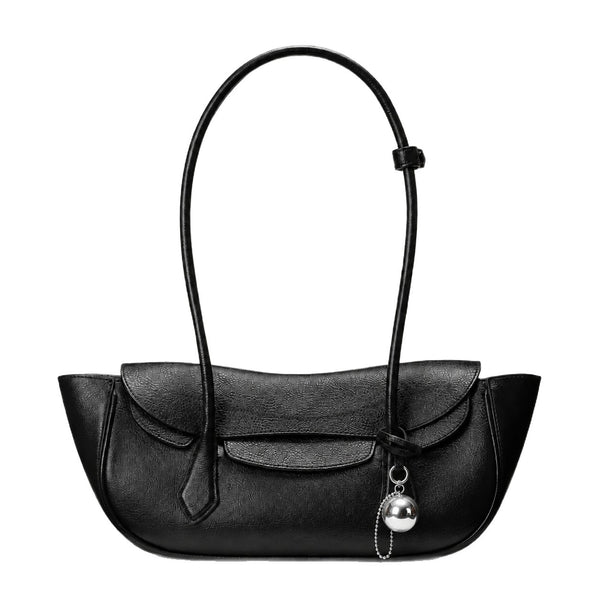 Structured leather-look flap shoulder bag with contrast stitching and silver ball charm hardware, detail view 5