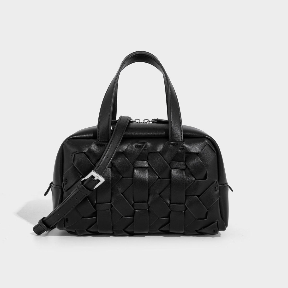 Kleine strukturierte wandelbare Henkeltasche mit gewebten Einsätzen, Kontrastpaspel, silberfarbenem Reißverschluss und abnehmbarem, Detailansicht