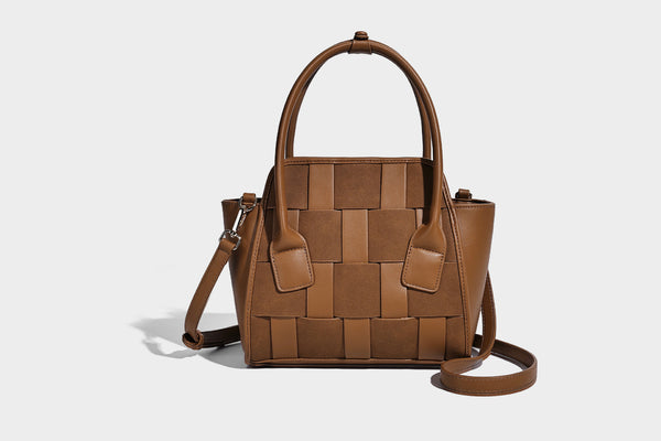 Small structured woven-panel mini tote bag with double top handles and detachable crossbody strap in matte leather-look