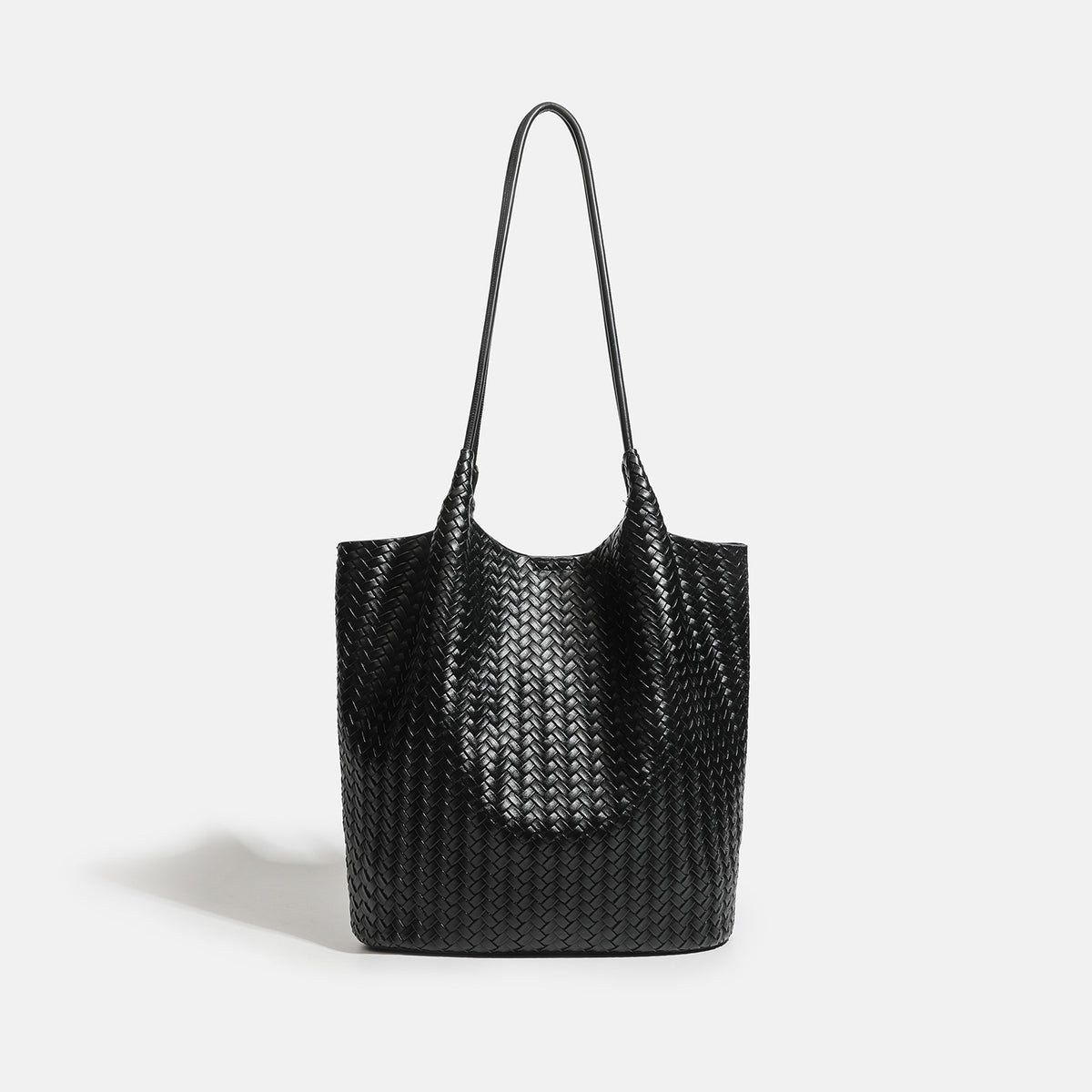 Large woven textured tote bag with long shoulder straps and structured rectangular base, detail view 8