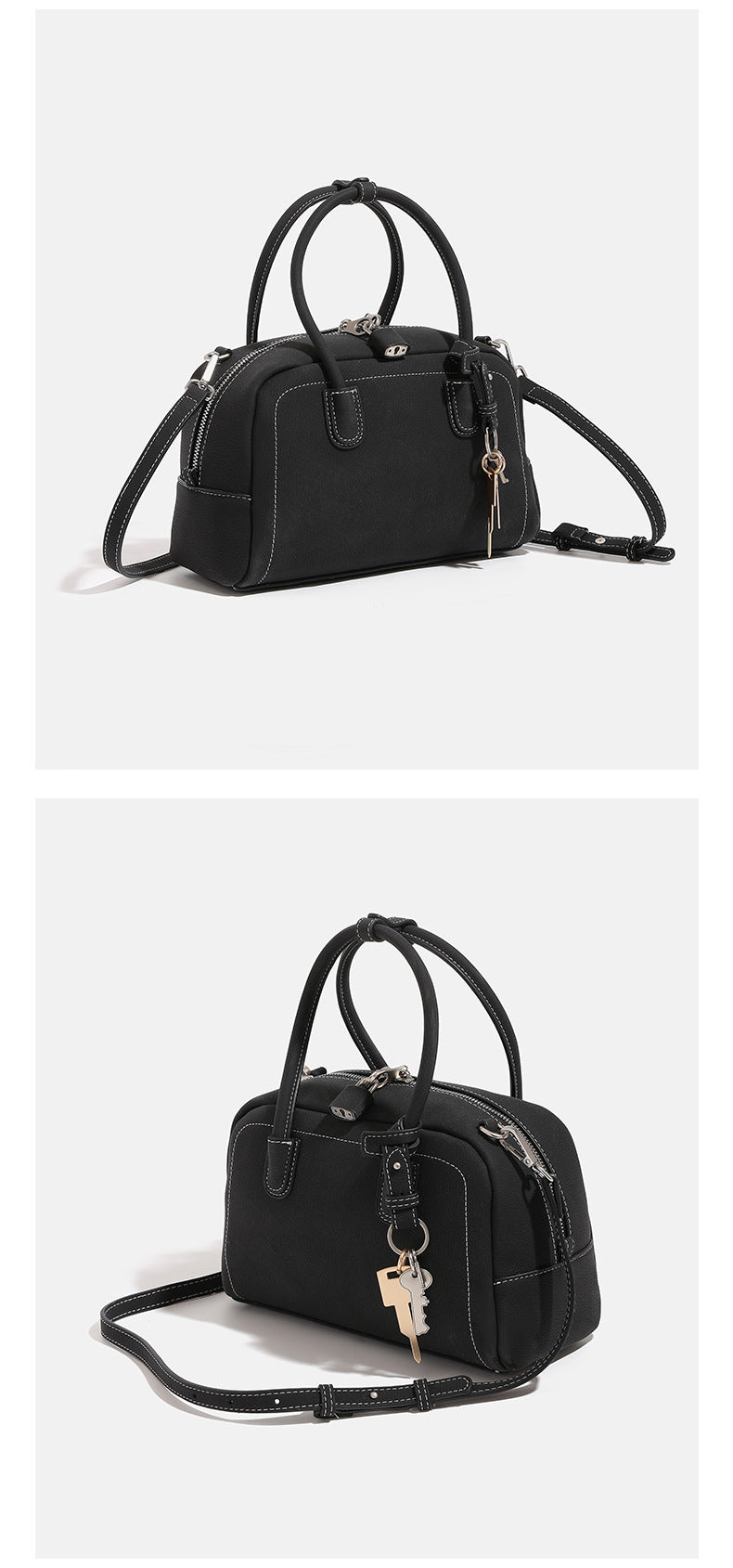 Compact retro Boston satchel bag with matte suede-look finish, twin rounded top handles, double zip closure with silver-tone
