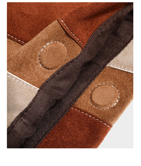 Weich fallende Patchwork-Tote in Braun, Rost, Camel und Beige mit Partien in Velourslederoptik, Besatz in Lederoptik und verstellbarem Schulterriemen