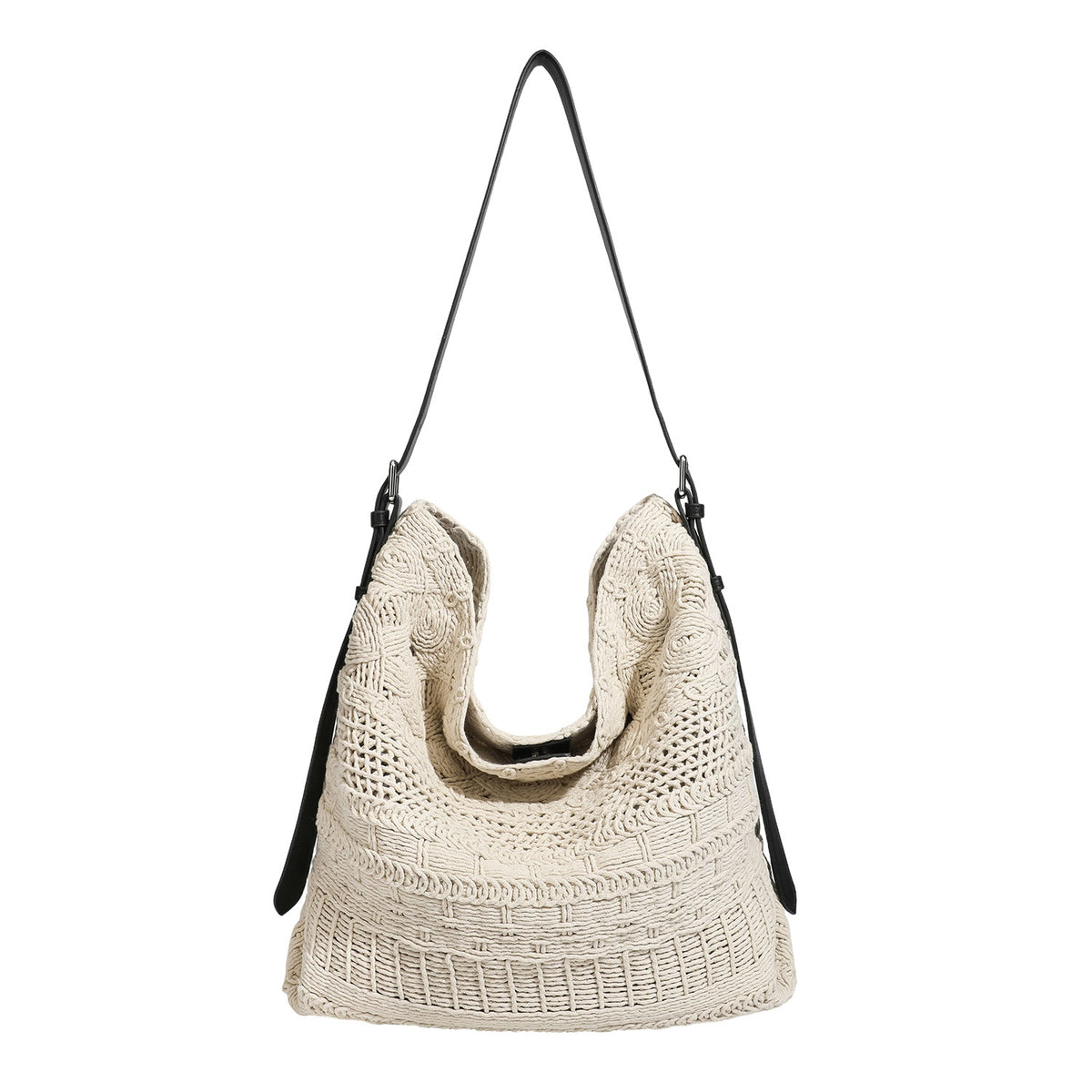 Cream woven rope-cord hobo bag with black adjustable leather-look strap and matching cream drawstring pouch, detail view 5